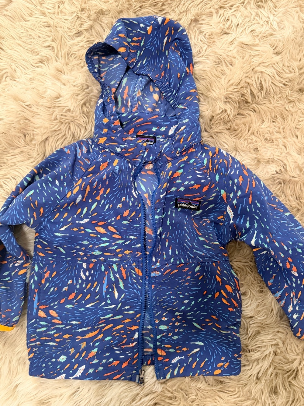 Patagonia Kids Blue Hooded Raincoat with Multicolor Fish Print 12-18 Months